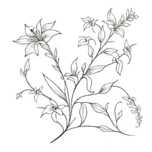 Vertical Minimalist Fine Line Tattoo With Semi Spiral Lines And Touch Of Larkspur