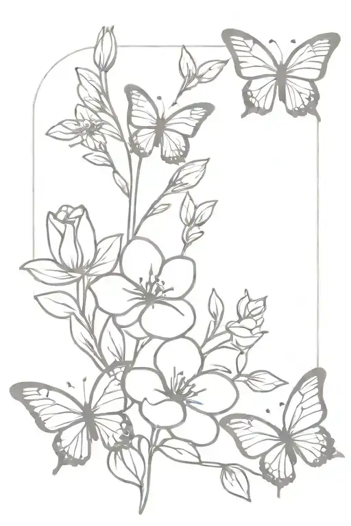 Small Bouquet Fine Line With 3 Butterflies