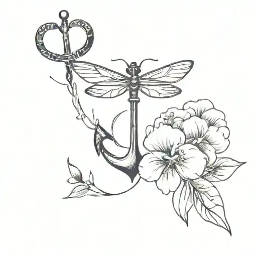 Navy Anchor With Dragonfly And Pansy Flowers