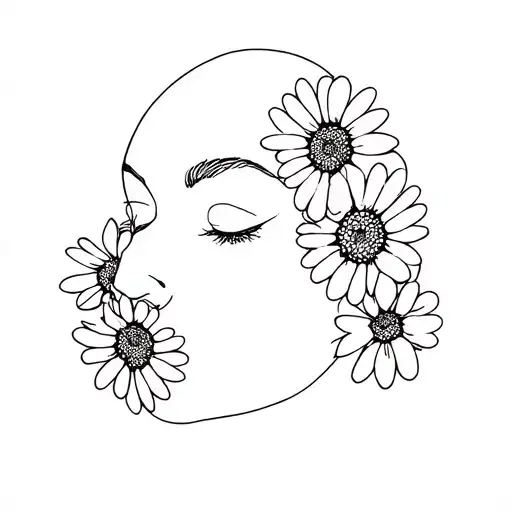 One Line Tatoo Face With Flowers Marguerites