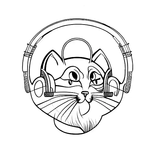 A Minimalist Design Of A Cat Wearing Headphones With A Sunset-colored Background