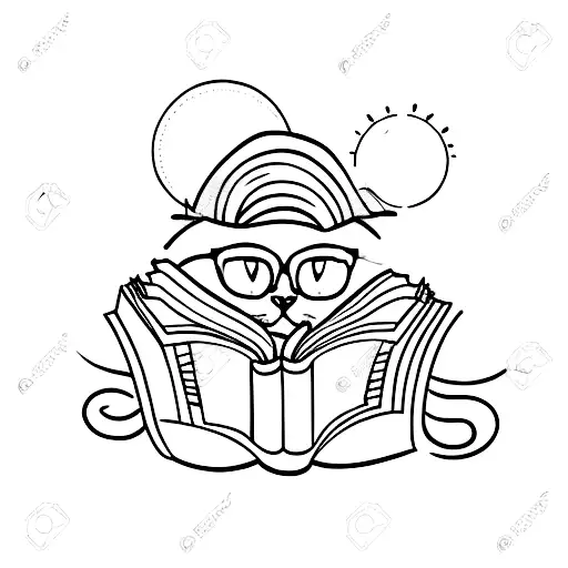 A Minimalistic Tattoo Of A Cat Reading A Book With A Sunset Sky As The Backdrop