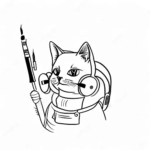 A Minimalist Tattoo Of A Cat Wearing Headphones And Holding A Paintbrush