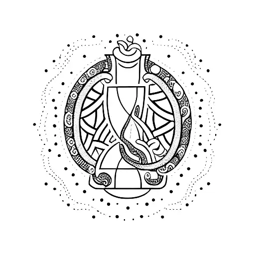 A Dotwork Tattoo Of An Hourglass Filled With Books And Surrounded By Swirling Snakes