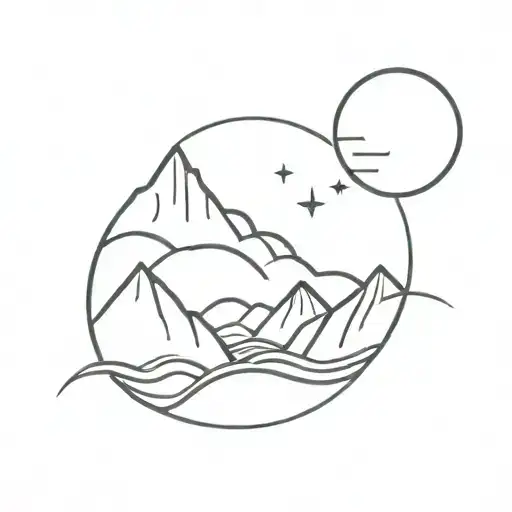 Waves At The Bottom Of Mountains With The Moon And Sun Above