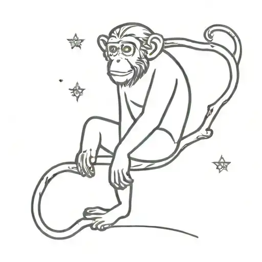 The Monkey Sitting On The Branch Pulls His Hand To The Constellation Of The Taurus