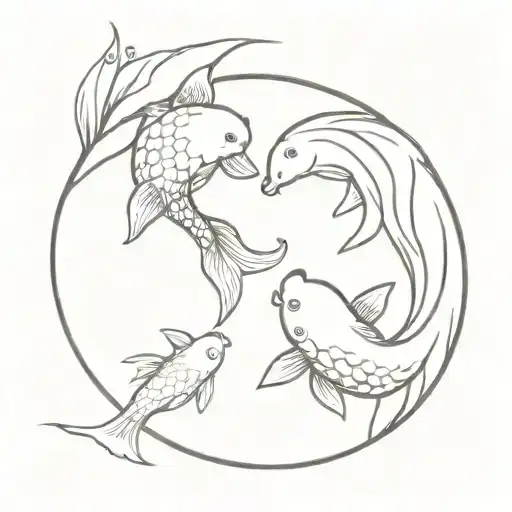 2 Koi Fish Swimming Around A Circular Wanting Crescent Moon