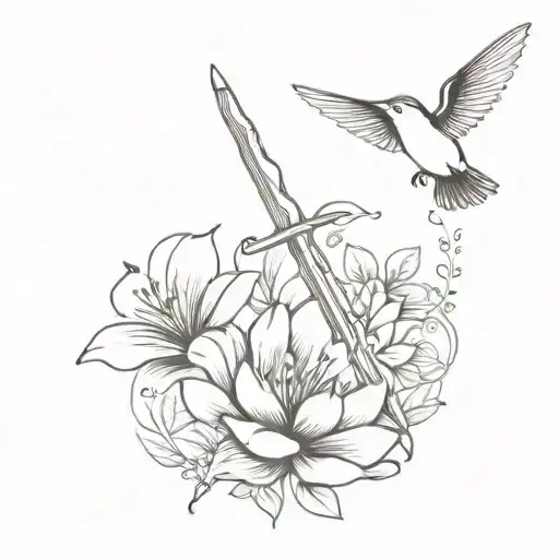 A Simple Sword Going Through Books With Flowers And A Humming Bird