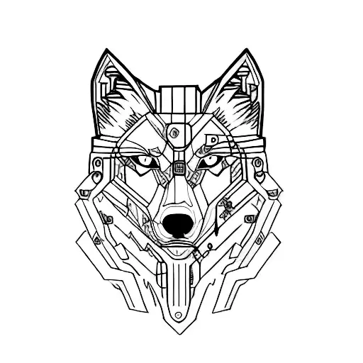 Create A Tattoo Design Featuring A Wolf In A Futuristic Cyberpunk Game Setting