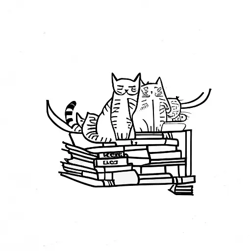 A Bookshelf Filled With Cats Sitting On Each Book Spine