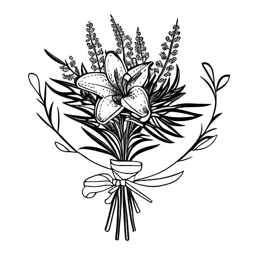 Bouquet With Lily Flower Blooming Out Of Rosemary And Olive Tree Branch