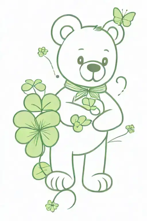 Teddy Bear Holding A 4 Leaf Clover With A Butterfly On The Clover