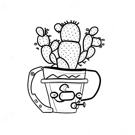 A Minimalist Tattoo Of A Cactus Wearing Headphones And Holding A Coffee Mug