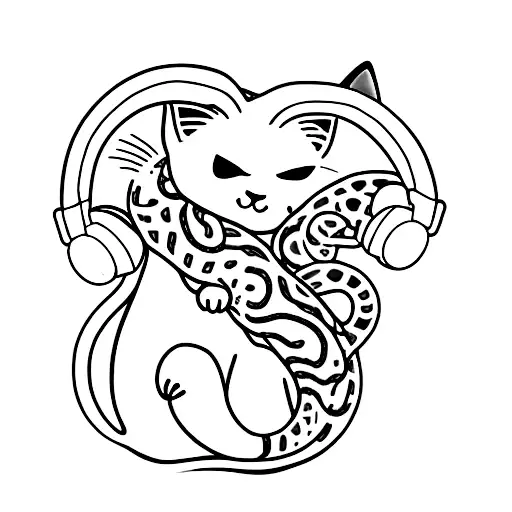 A Cat And A Snake In Anime Style Wearing Headphones And Enjoying Music Together