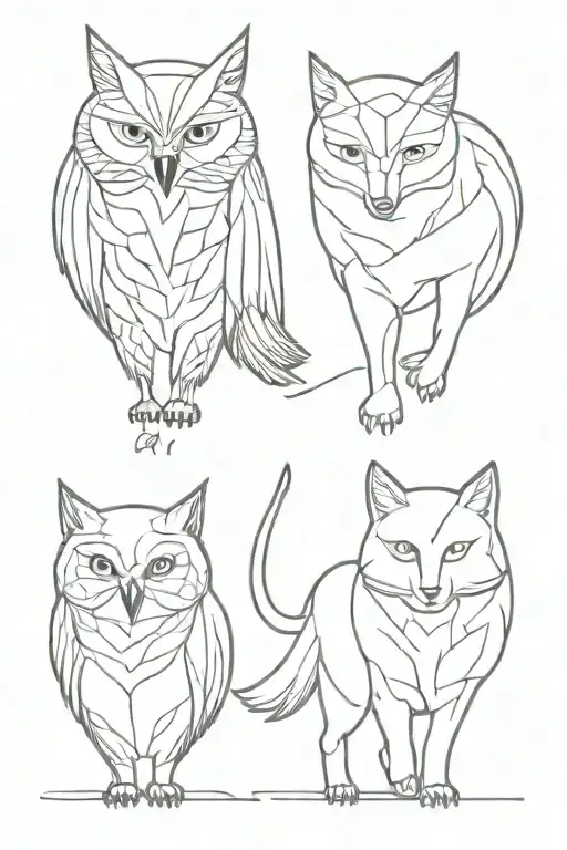 Owl Cat Wolf Walking Together