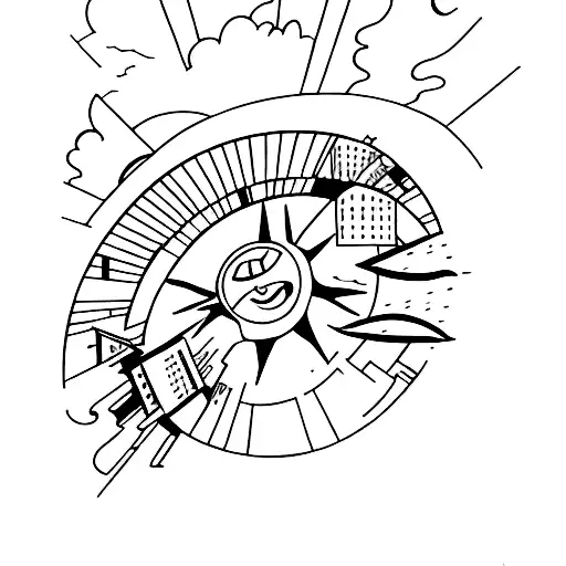 A Futuristic Cityscape With A Sun Setting Over The Ocean