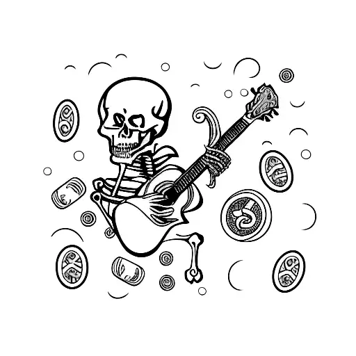 A Skeleton Playing A Guitar Surrounded By Tokens