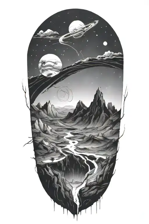 Futuristic Landscape In Space In Black And White