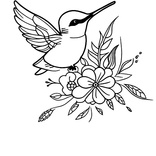 A Minimalist Tattoo Of A Hummingbird Surrounded By Blooming Flowers