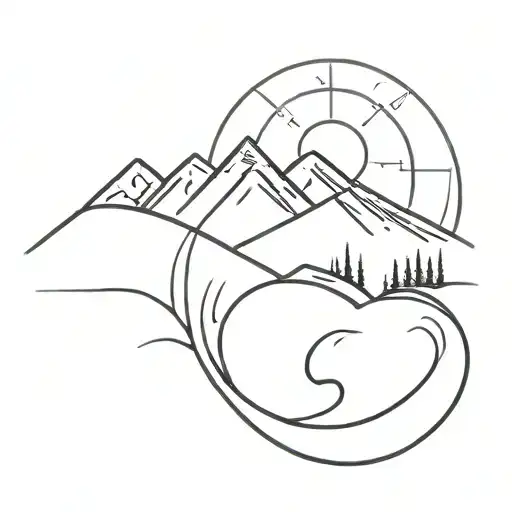 A Minimalist Tattoo Of A Sun Rising Over A Mountain Peak With A Flowing Stream Below