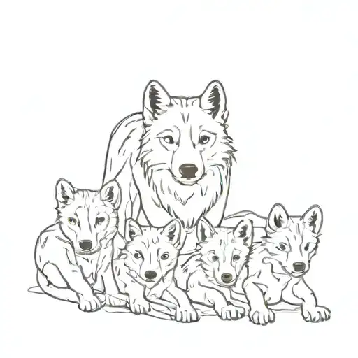 She-wolf With 4 Wolf Cubs In Single File