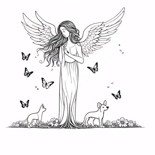 Angel With Hair Flowing Down To Dog Turns Into A Tree And Flowers And Butterflies