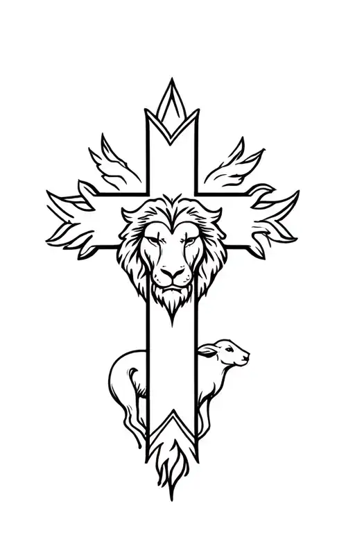 Christian Cross With A Lion Head Coming Out Of One Side And A Lamb Coming Out Of The Other