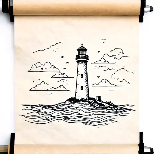 Scrolled Up Paper Map With A Lighthouse Emerging