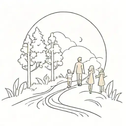 Leafy Forest With Road And Family Walking Hand In Hand