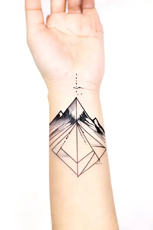 Mountain Tattoo On Forearm Grayscale Thin Lines Geometric Ornament