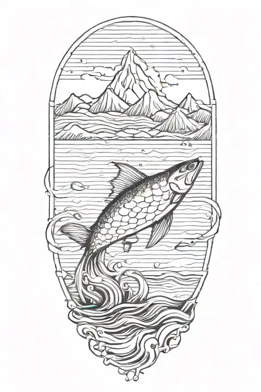 A Minimalist Tattoo Of A Fish Jumping Out Of The Water With A Mountain Backdrop