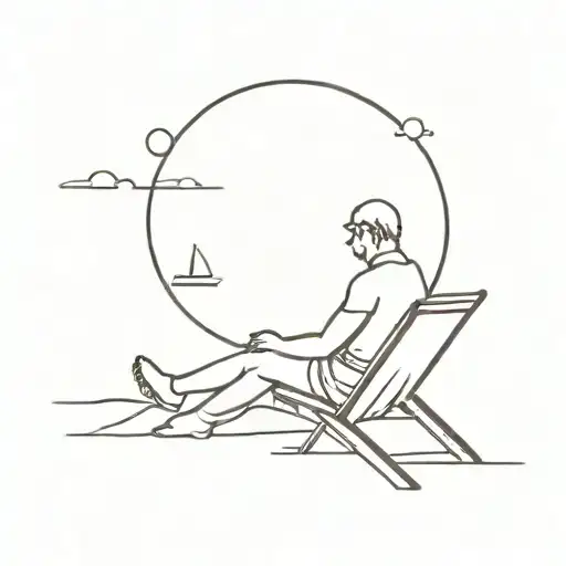 Beach Scene Sun Shining Man Seating Back Relaxed On Chair