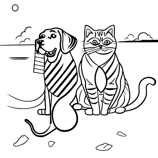 A Cat And A Dog Playing Together On The Beach