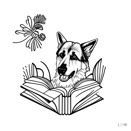 A German Shepherd Dog Reading A Das Kapital Book With Flowers Arounding