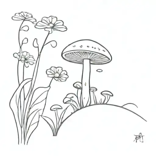 A Minimalist Tattoo Of A Mushroom Alien Exploring A Field Of Flowers