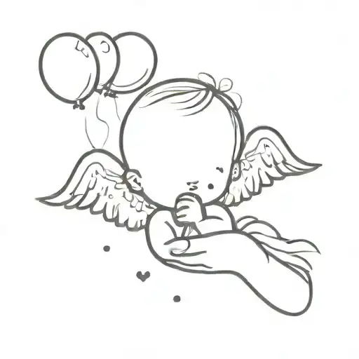 Baby Girl With Angel Wings And In Her Hand To Have A Baloon Heart Shape Flooting