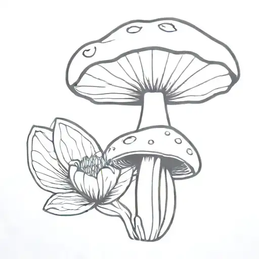 A Minimalist Tattoo Of A Mushroom With Lotus Flowers