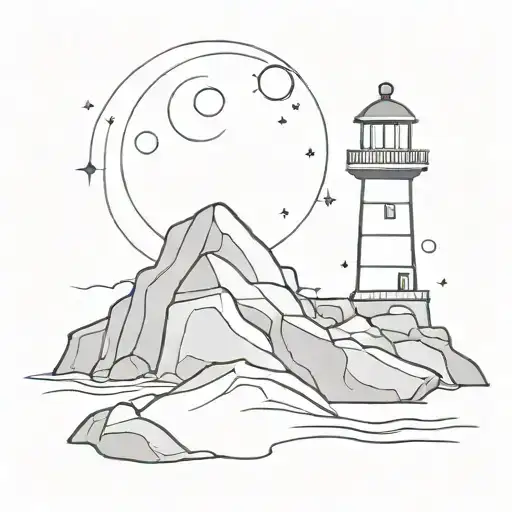 A Lighthouse On Rocks With The Moons Behind The Top