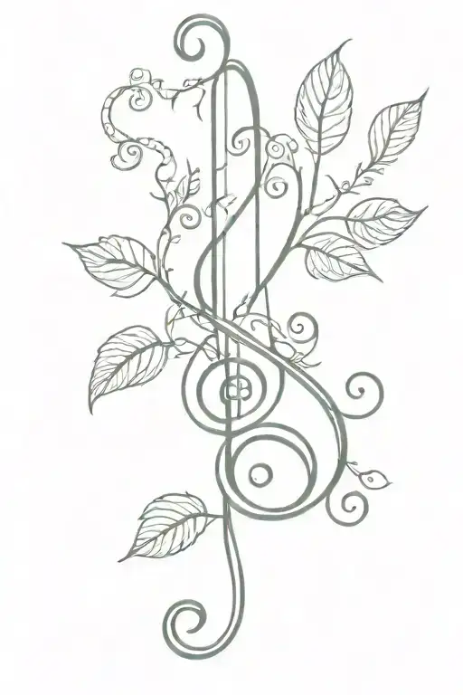 Treble Clef Fine Line With Leaves Or Vines Wrapping