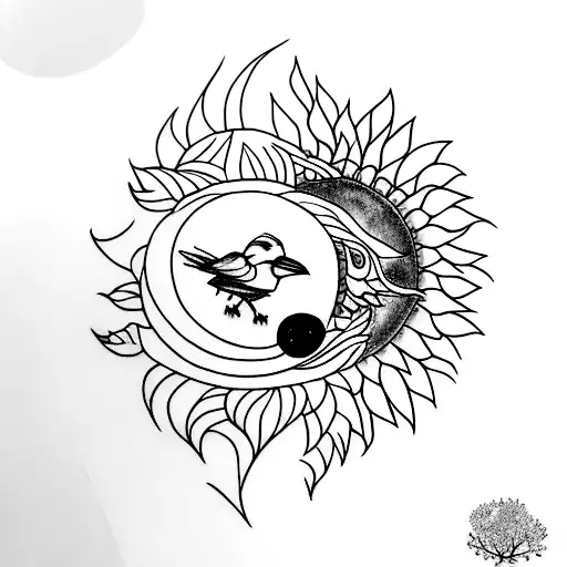 Crow With Multiple Sunflowers Wrapped Around Moon