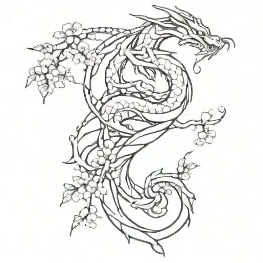 A Dragon Wrapped Around A Cherry Blossom Tree With Tribal Patterns Intertwined