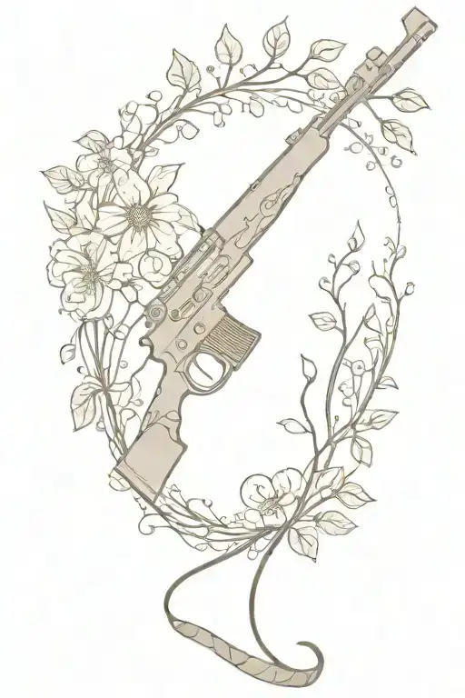 A Minimalist Tattoo Of A Hunting Rifle Intertwined With Vines And Flowers
