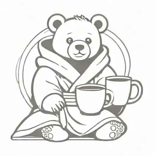 Teddy Bear In A Grey Robe And Holding A Hot Cup Of Coffee