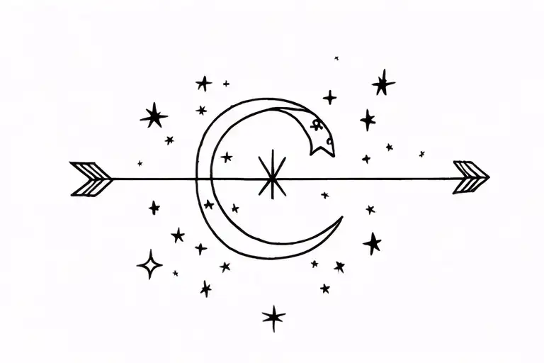 Stars And Moon Surrounding A Straight Line With Arrows On The Ends