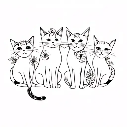 4 Cats In Different Poses With Flowers Growing