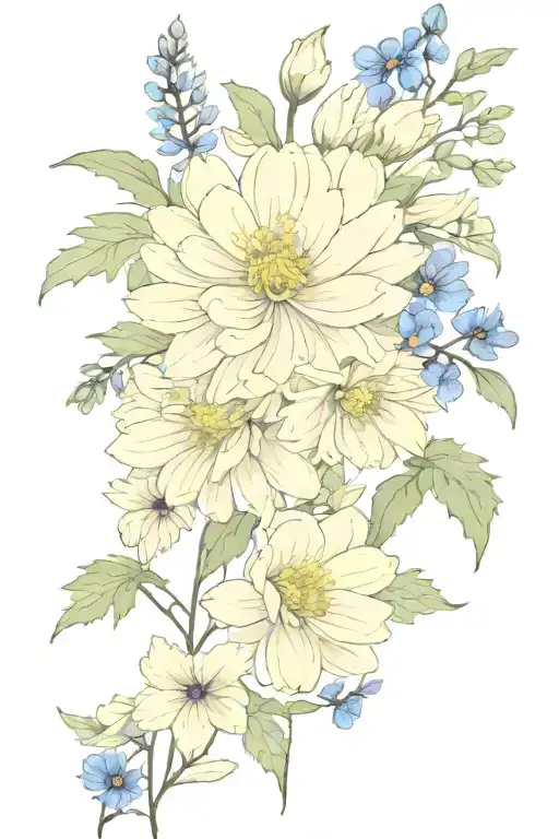 Chrysanthemum And Larkspur Intertwined Bouquet Line Tattoo Watercolour