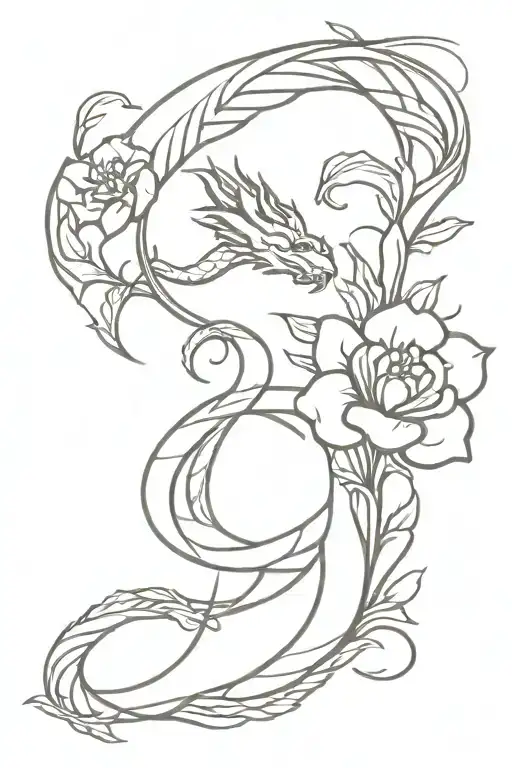 Elegant Flowers And Dragon Intertwined