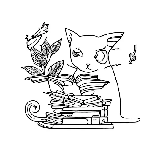 A Minimalist Tattoo Of A Cat Reading The Wind Up Bird Chronicle With Plants Surrounding It