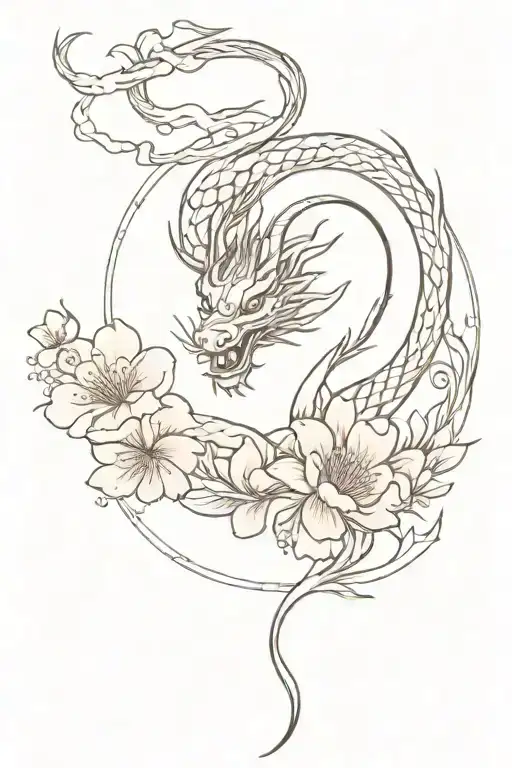 Chinese Dragon With Sakura Flowers