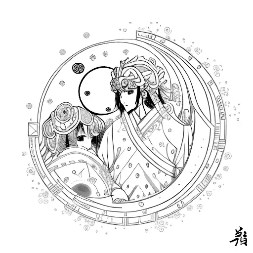 An Anime-style Representation Of The Sun And Moon Embracing